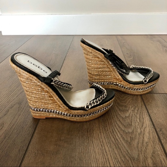 Rare BEBE Black Thea Chain Espadrille Wedges - Picture 1 of 12